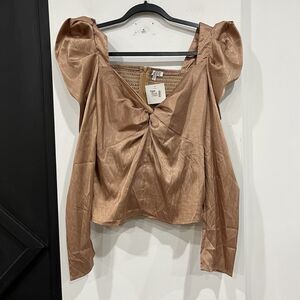 NWT TCEC Puff Sleeve Smocked Longsleeve Blouse Metallic Brown Size Medium